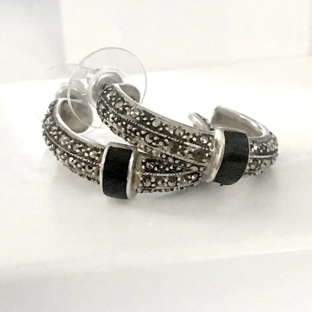 VTG Onyx Marcasite Sterling Demi Hoops Earrings